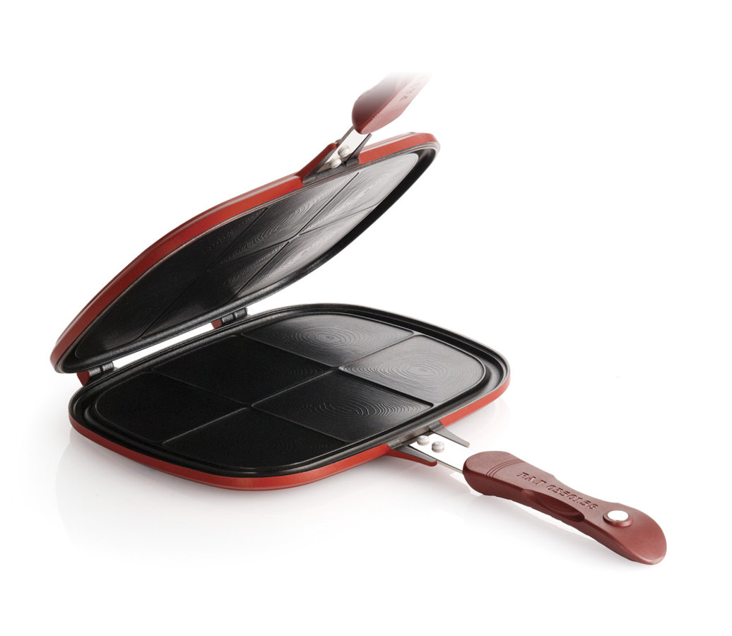 <h1>Patelnia dwustronna  – płaska<br><small>Gotuj używając <strong>dwóch stron</strong><br>bez obaw o <strong>zapach i dym</strong></small></h1>